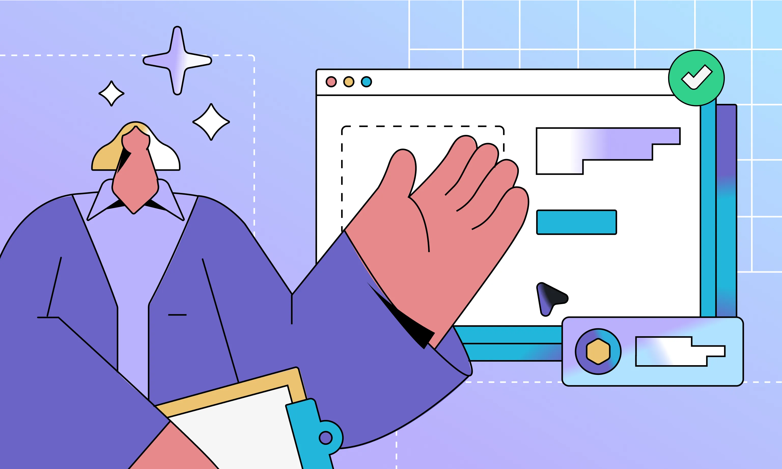 A business development representative pointing at a computer screen