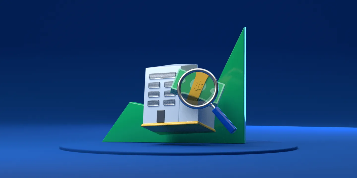 Unternehmensauskunft mit Firmensitz und einer Lupe, die den Umsatz der Firma symbolisiert.