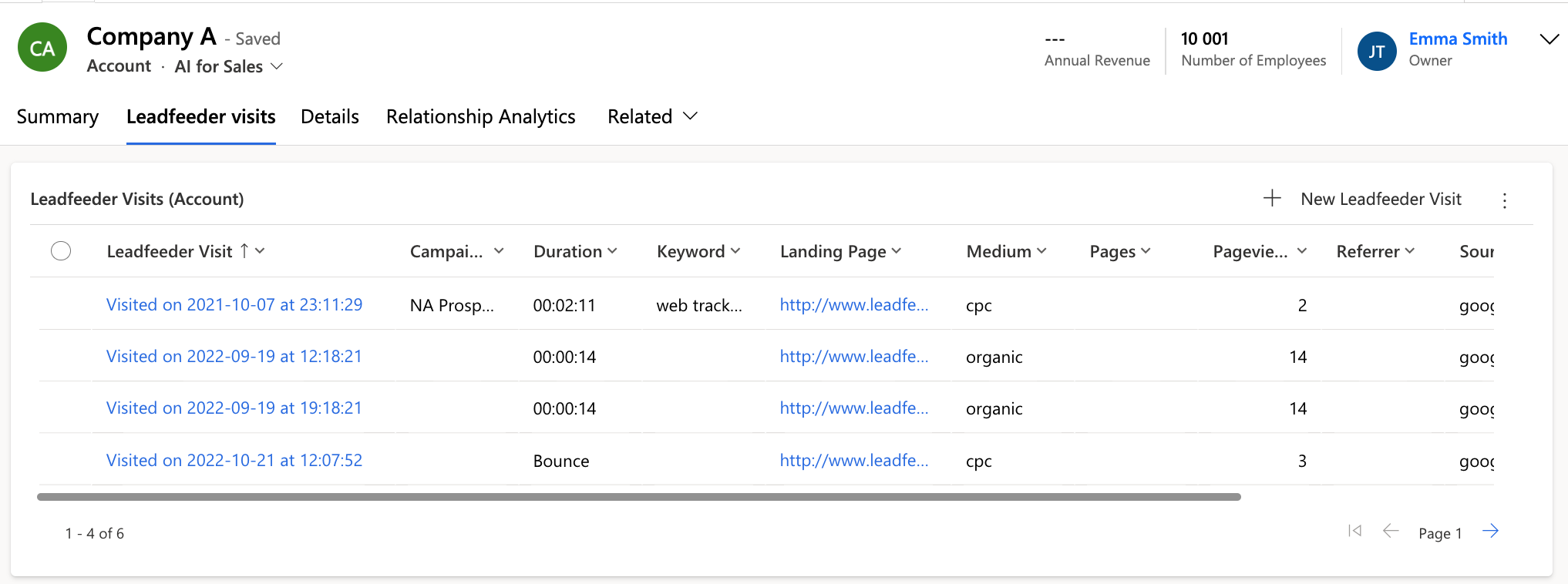 Leadfeeder visit details in Microsoft Dynamics 365