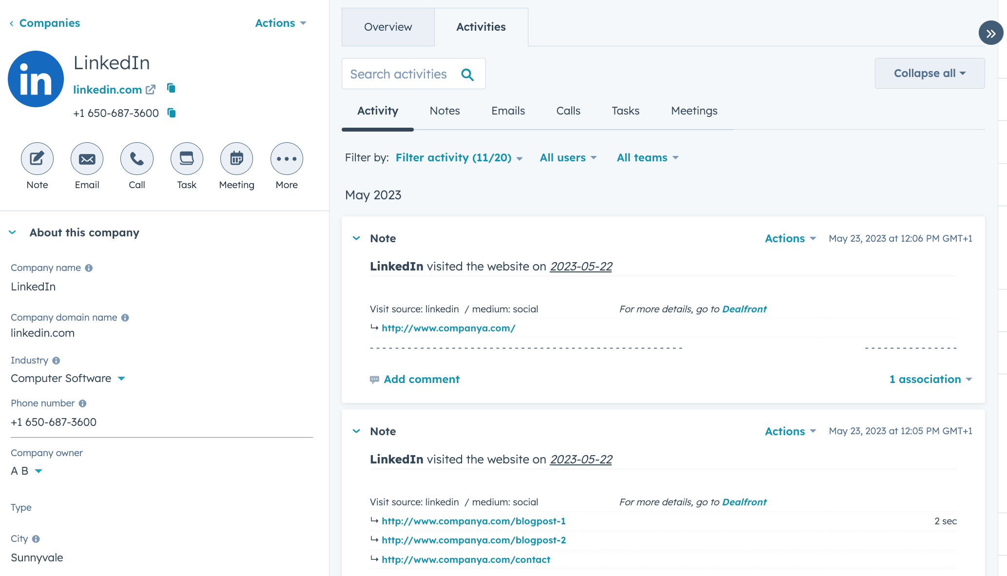 Leadfeeder visit details in HubSpot