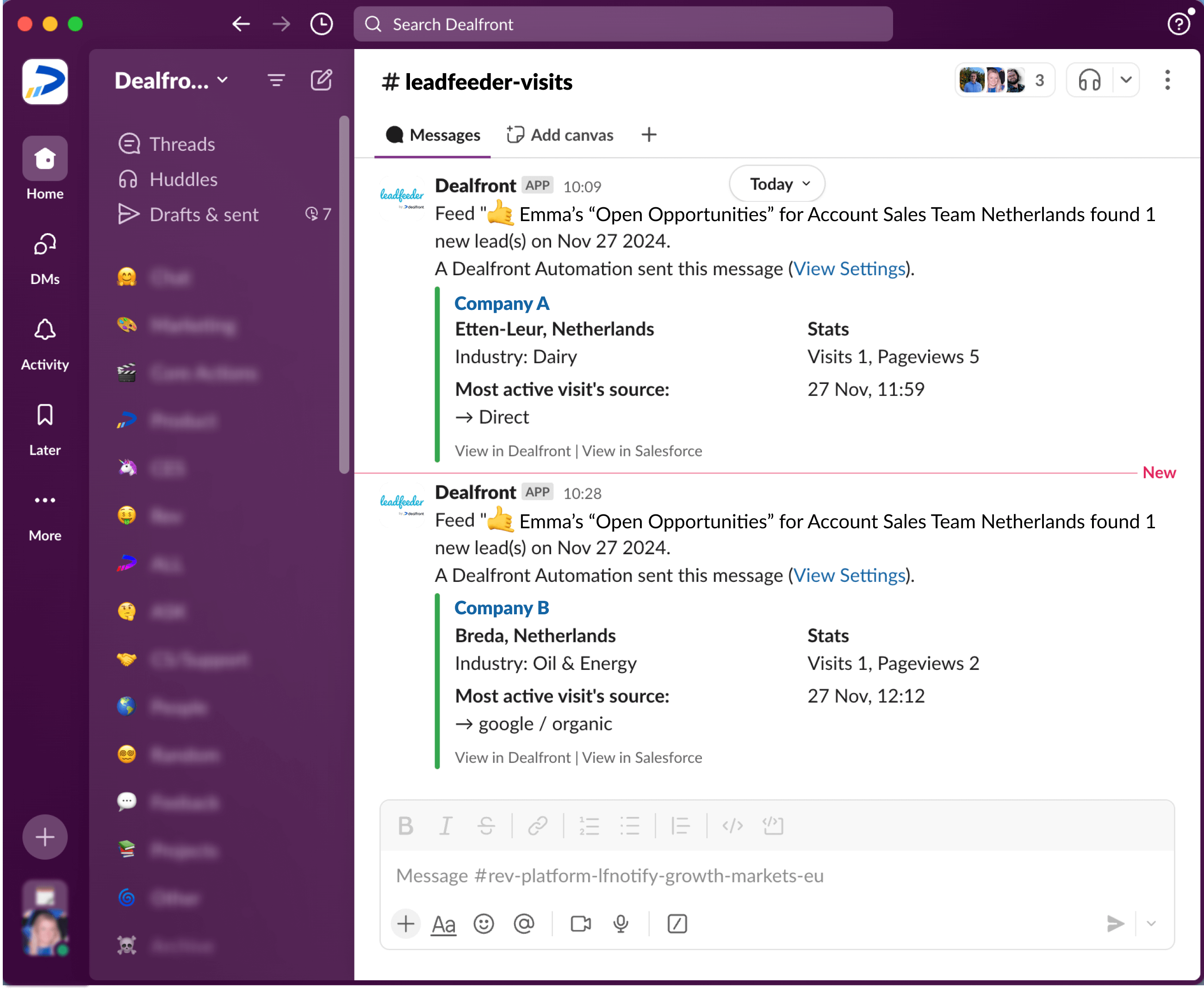 Slack integration with Leadfeeder