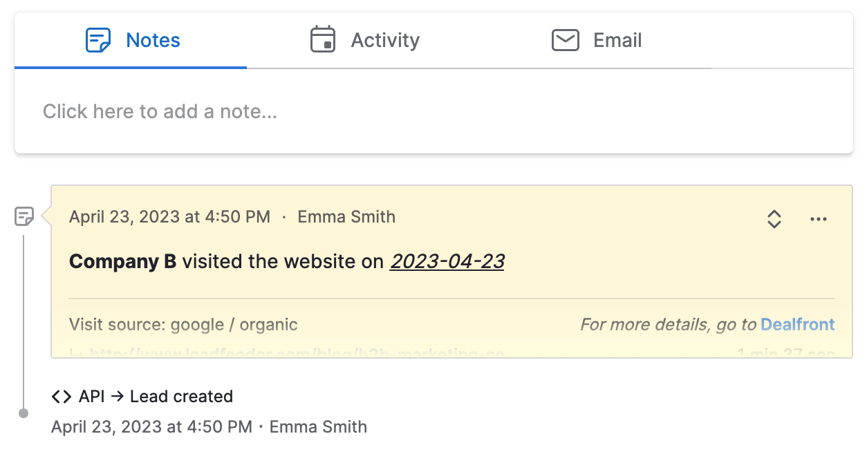 Leadfeeder visit details in Pipedrive