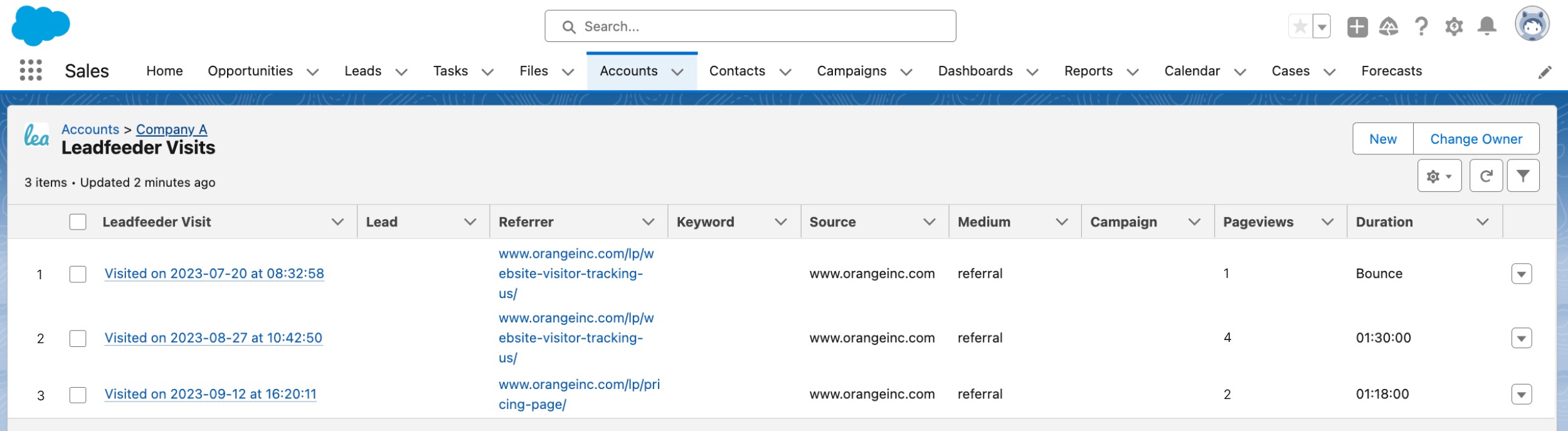 Leadfeeder visit details in Salesforce